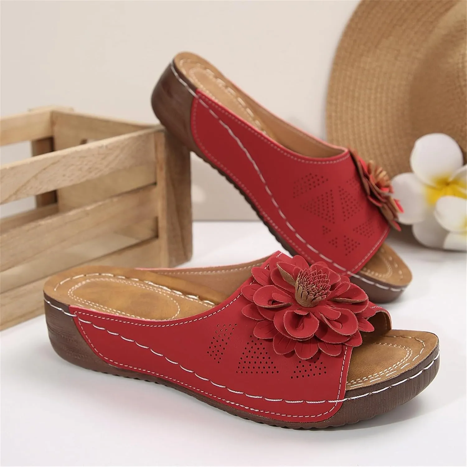 Dress Sandals for Women 2025 Comfortable Flower Sandals for Women Orthopedic Summer Beach Platform Leather Wedge Arch Support