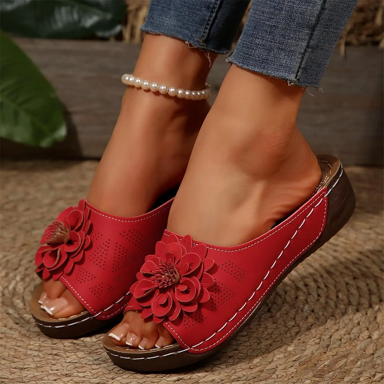 Dress Sandals for Women 2025 Comfortable Flower Sandals for Women Orthopedic Summer Beach Platform Leather Wedge Arch Support