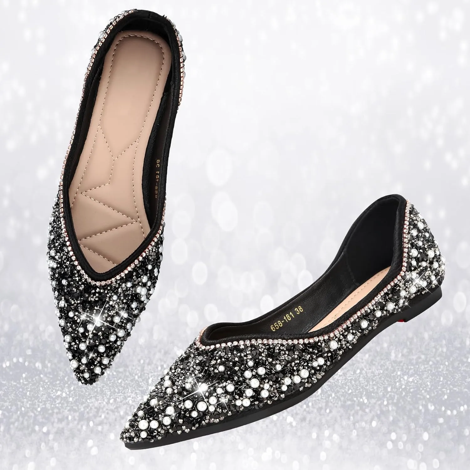 Dressy Flats Shoes for Women Comfortable Wedding Flats Rhinestone Fancy Ballet Flats Pointy Toe Flats