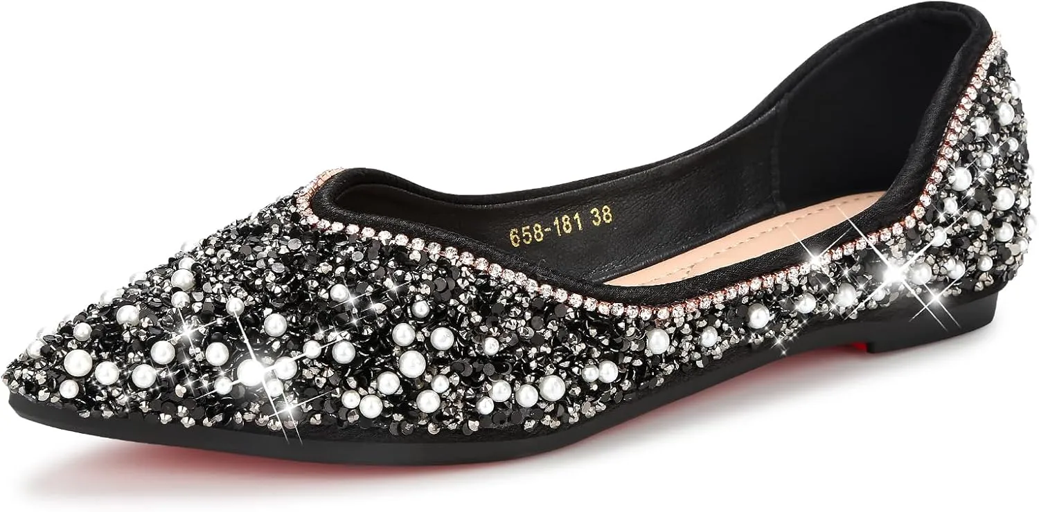 Dressy Flats Shoes for Women Comfortable Wedding Flats Rhinestone Fancy Ballet Flats Pointy Toe Flats