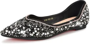 Dressy Flats Shoes for Women Comfortable Wedding Flats Rhinestone Fancy Ballet Flats Pointy Toe Flats