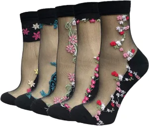 DXYAKY 5 Pairs Womens Black Sheer Mesh Socks Ultrathin Fishnet Floral Lace Ankle See Through Socks Summer Transparent