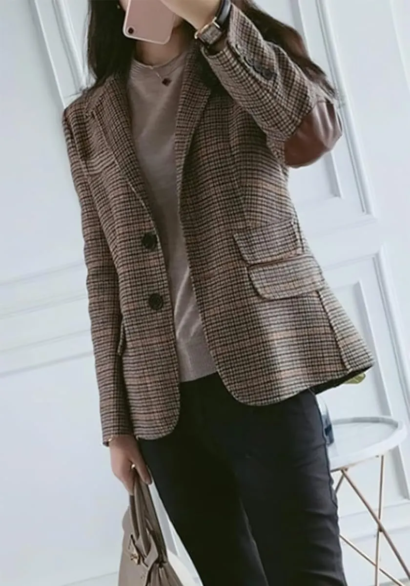 ebossy Womens Vintage Nothced Lapel Single Breasted Boyfriend Blazer Suits Houndstooth Plaid Jacket Coat with Patched Elbow
