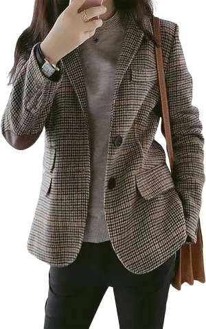 ebossy Womens Vintage Nothced Lapel Single Breasted Boyfriend Blazer Suits Houndstooth Plaid Jacket Coat with Patched Elbow