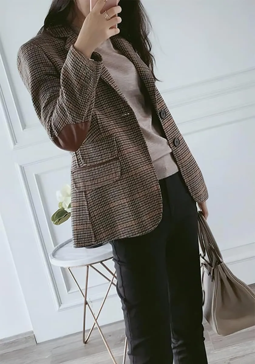 ebossy Womens Vintage Nothced Lapel Single Breasted Boyfriend Blazer Suits Houndstooth Plaid Jacket Coat with Patched Elbow