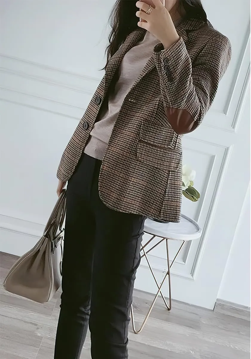 ebossy Womens Vintage Nothced Lapel Single Breasted Boyfriend Blazer Suits Houndstooth Plaid Jacket Coat with Patched Elbow