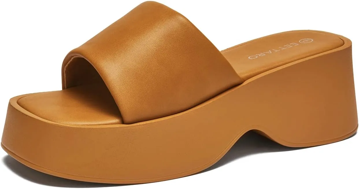 EETTARO Women's Platform Sandals Square Toe Block Heel Slip-on Slides Fashion Wedge Summer Shoes
