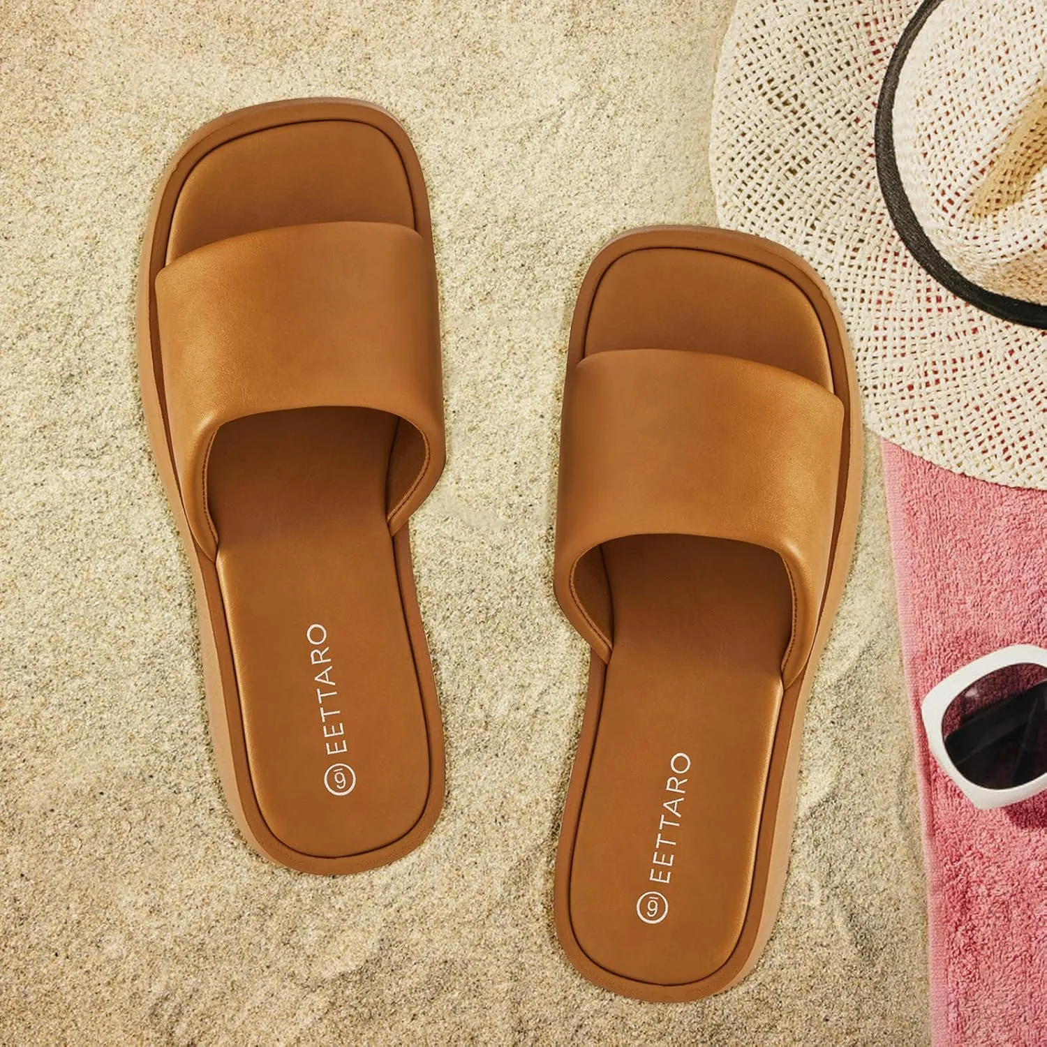 EETTARO Women's Platform Sandals Square Toe Block Heel Slip-on Slides Fashion Wedge Summer Shoes