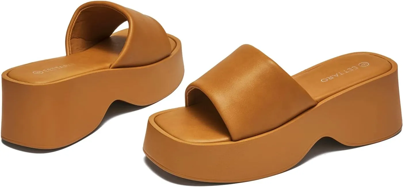 EETTARO Women's Platform Sandals Square Toe Block Heel Slip-on Slides Fashion Wedge Summer Shoes