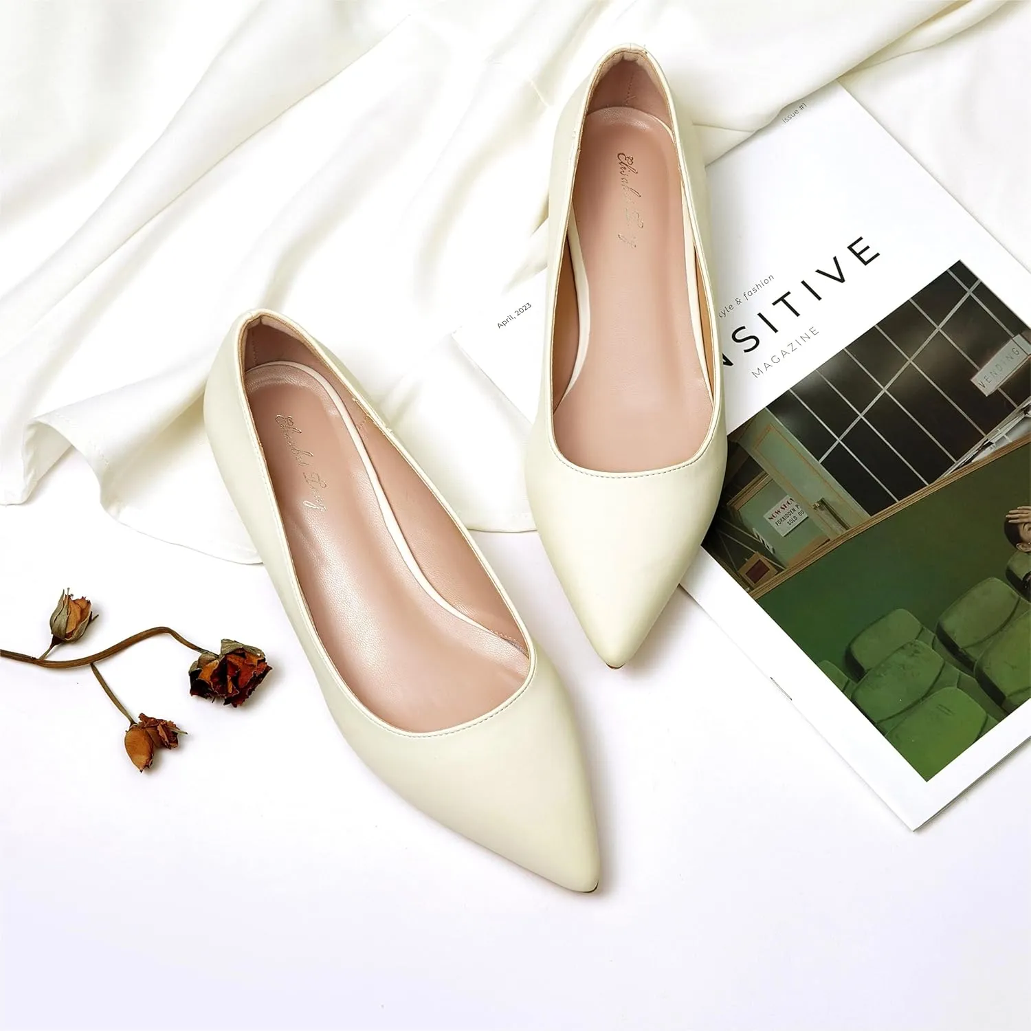 Elisabet Tang Women's Flats Shoes Pointed Toe Casual Chunky Flats Slip on Comfortable Dress Flats Shoes for Lady