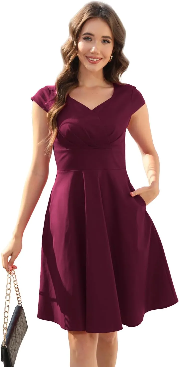 Ellames Women's 1950s Retro Vintage Dresses Elegant 2025 Cocktail Party Dress Cap Sleeve Dress with Pocket