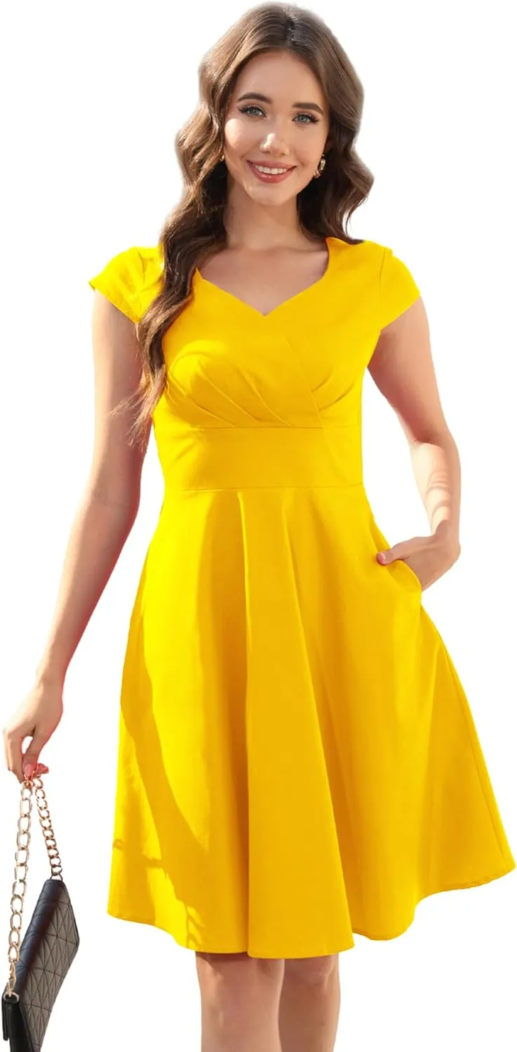 Ellames Women's 1950s Retro Vintage Dresses Elegant 2025 Cocktail Party Dress Cap Sleeve Dress with Pocket
