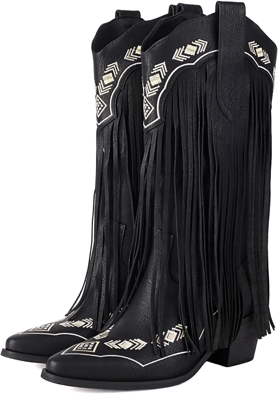 Embroidered Fringe Cowboy Boots for Women, Pull On Mid Calf Chunky Block Heel Pointed Toe Western Cowgirl Boots Riding Country Boot Retro Boots