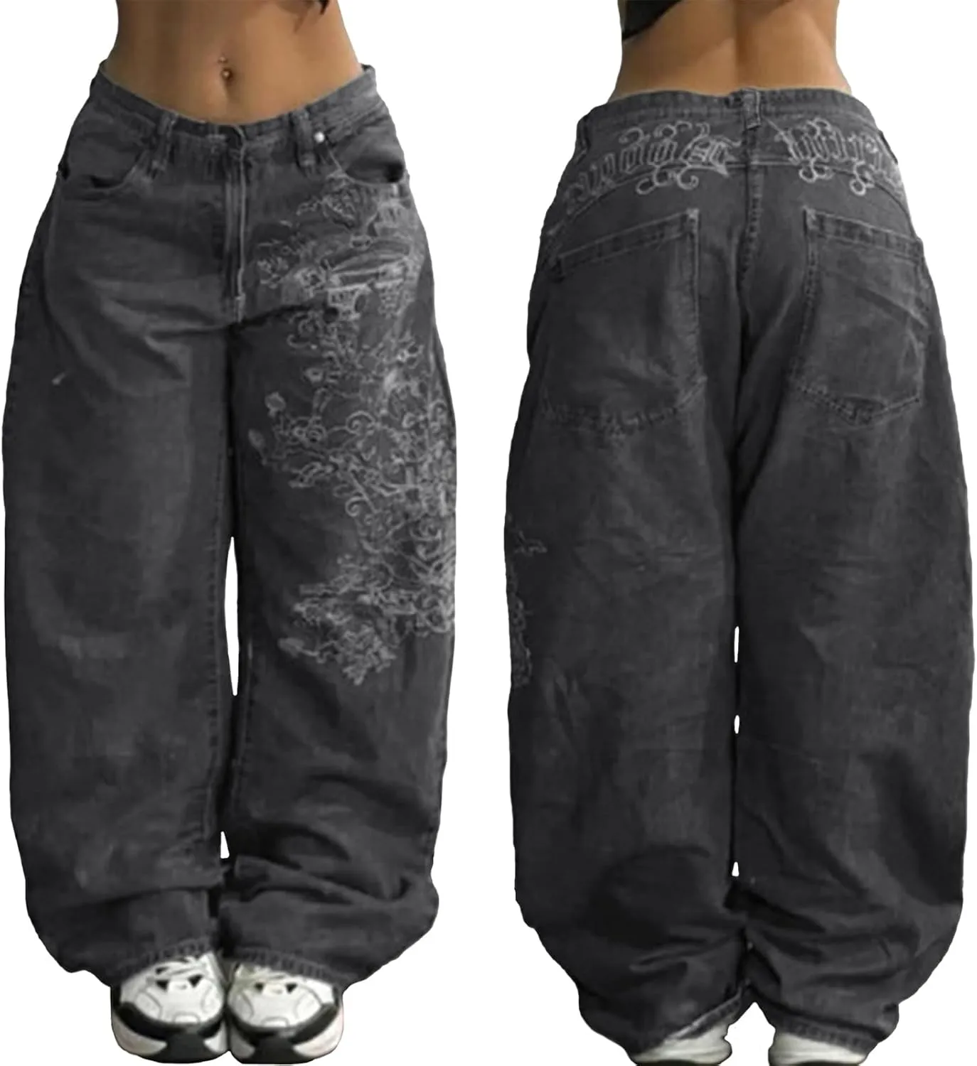 EMMIOL Women Hip Hop Baggy Jeans Wide Leg Mid-Low Waist Jeans Loose Boyfriends Jeans 90s Vintage Denim Pants