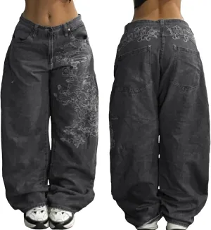 EMMIOL Women Hip Hop Baggy Jeans Wide Leg Mid-Low Waist Jeans Loose Boyfriends Jeans 90s Vintage Denim Pants