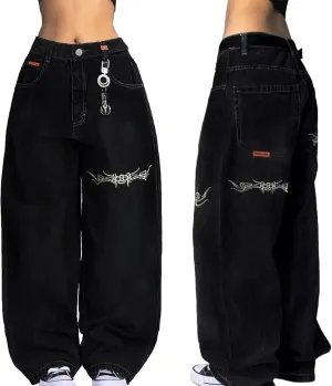 EMMIOL Women Hip Hop Baggy Jeans Wide Leg Mid-Low Waist Jeans Loose Boyfriends Jeans 90s Vintage Denim Pants