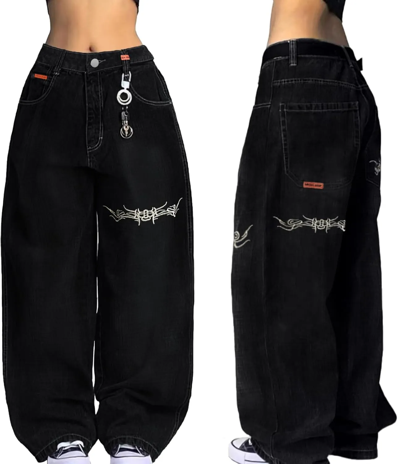 EMMIOL Women Hip Hop Baggy Jeans Wide Leg Mid-Low Waist Jeans Loose Boyfriends Jeans 90s Vintage Denim Pants