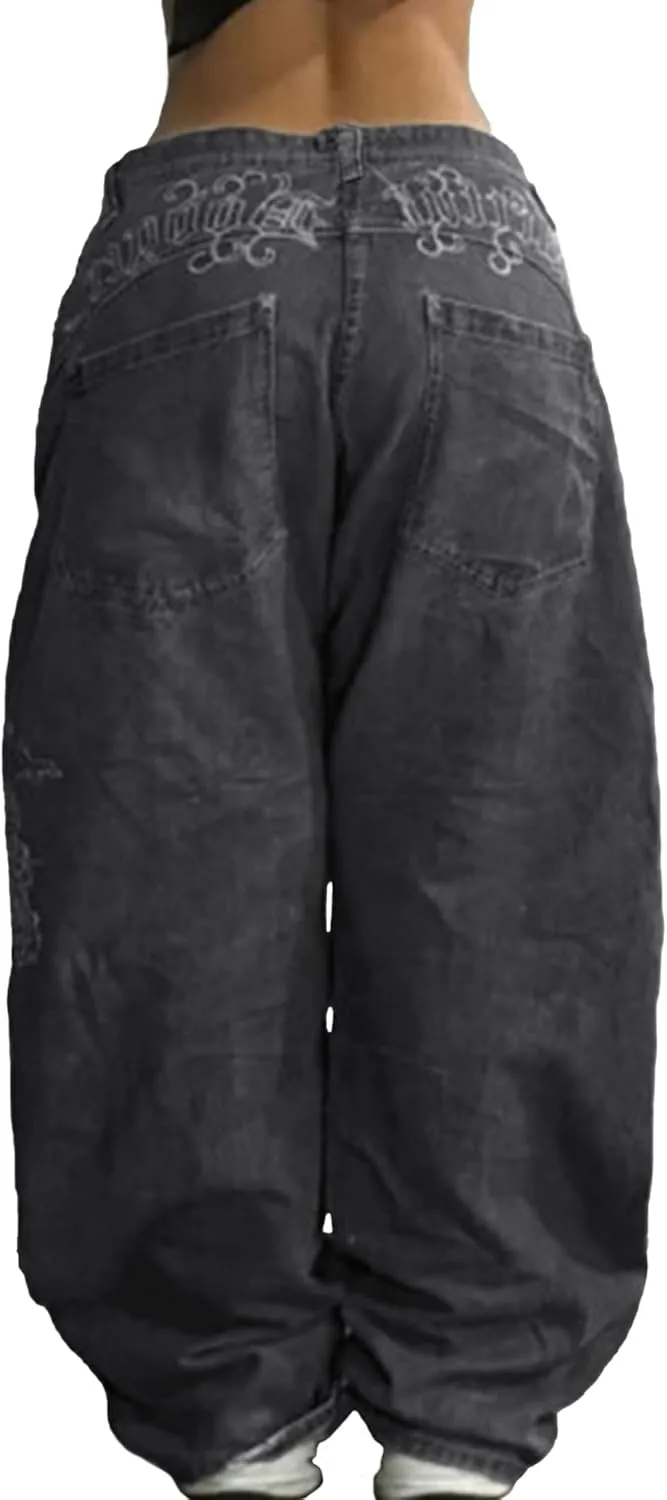 EMMIOL Women Hip Hop Baggy Jeans Wide Leg Mid-Low Waist Jeans Loose Boyfriends Jeans 90s Vintage Denim Pants
