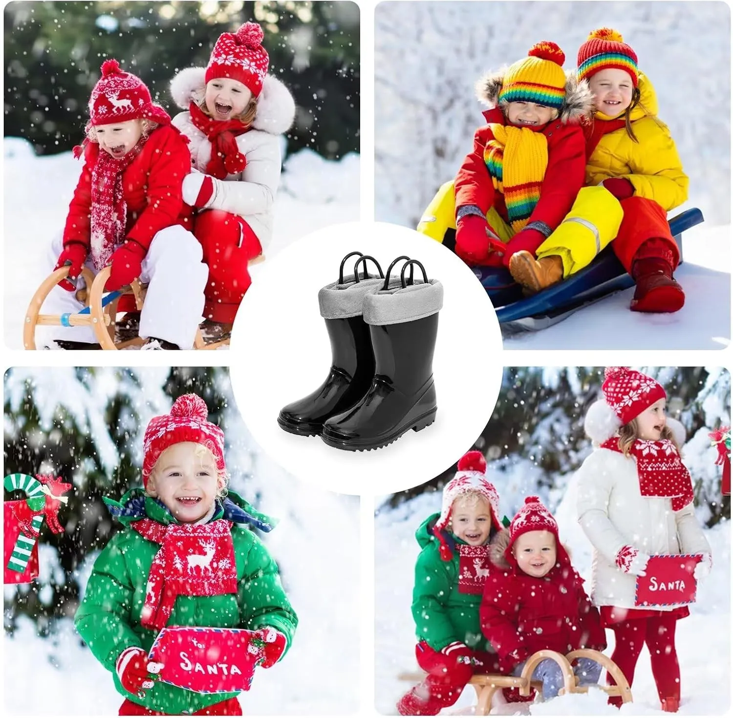 EUXTERPA Toddler Kids Light Up/Solid Color Rain Boots Waterproof Warm Fleece Lined Boots for Boys Girls Winter Snow Boots