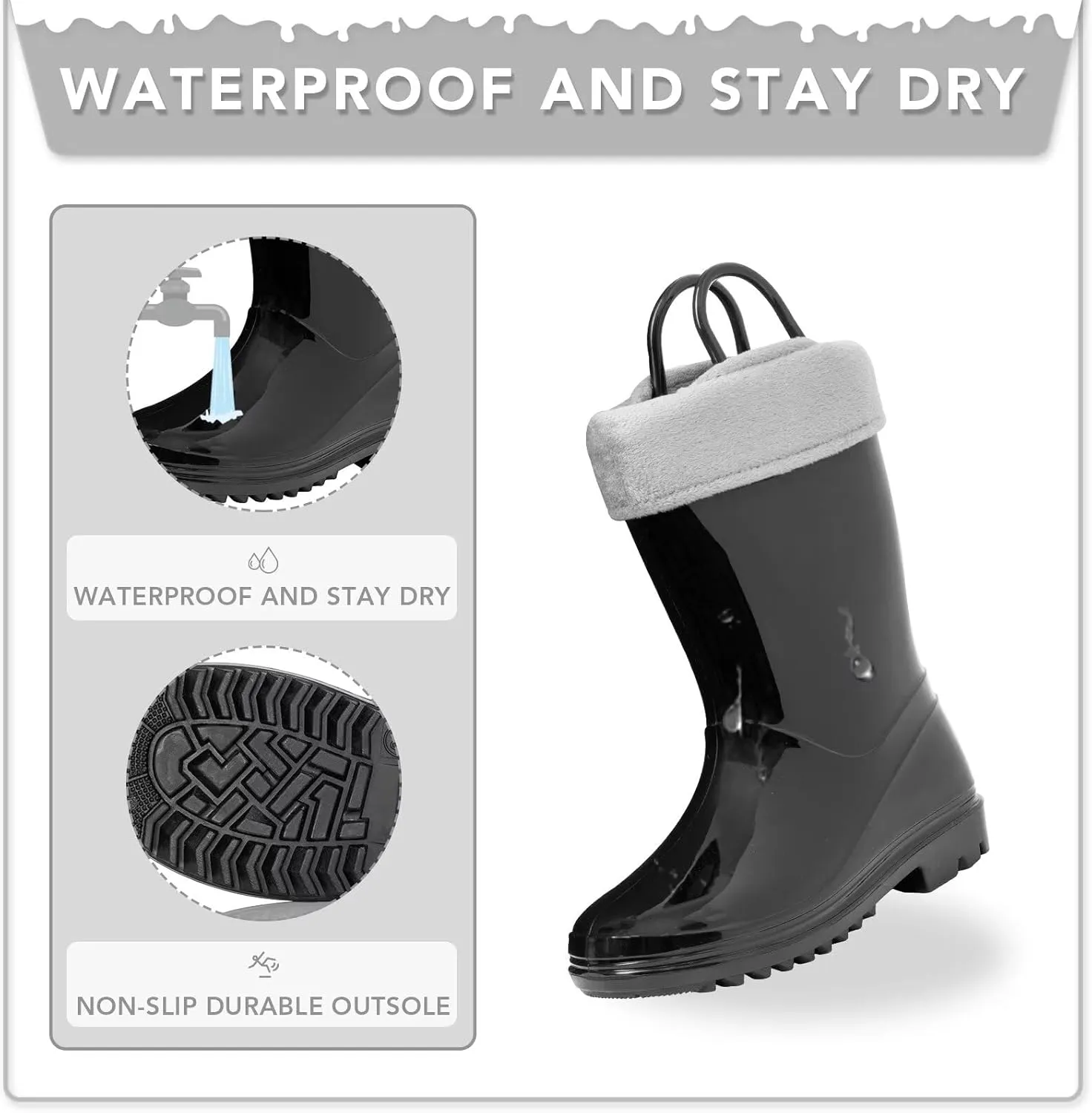 EUXTERPA Toddler Kids Light Up/Solid Color Rain Boots Waterproof Warm Fleece Lined Boots for Boys Girls Winter Snow Boots