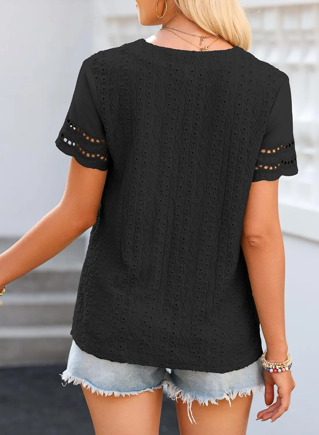 EVALESS Summer Tops for Women 2025 Short Sleeve V Neck Dressy Lace Eyelet Blouses Shirts