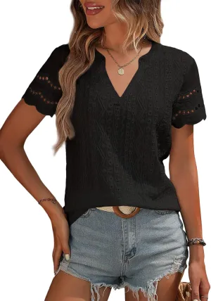 EVALESS Summer Tops for Women 2025 Short Sleeve V Neck Dressy Lace Eyelet Blouses Shirts