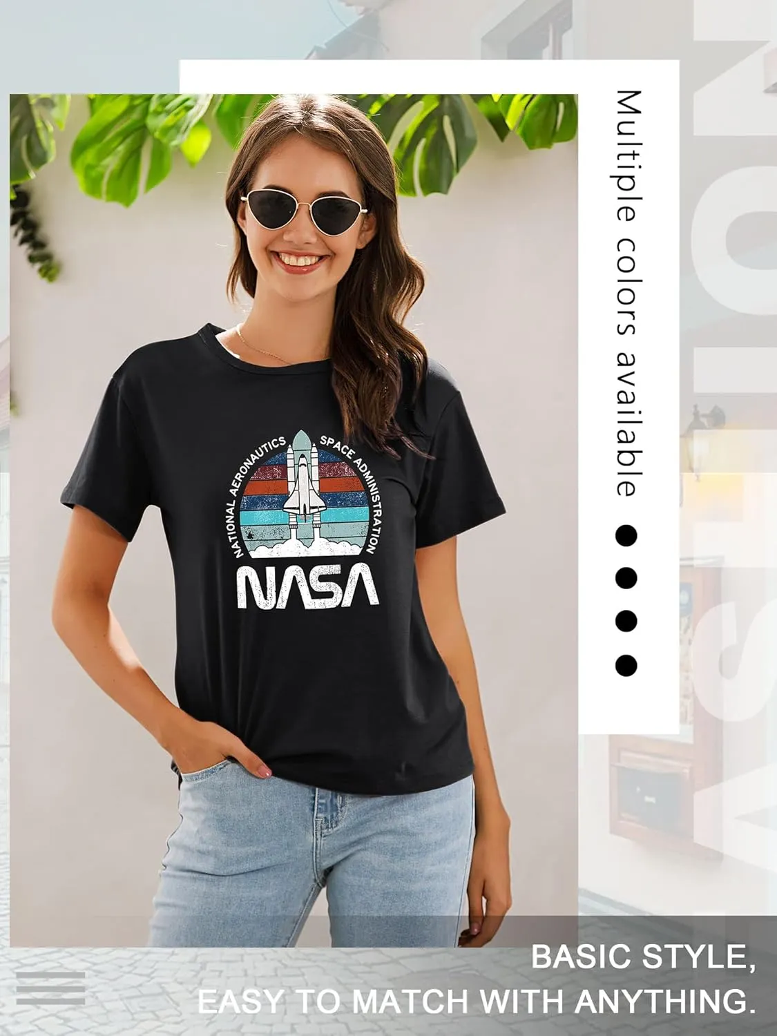 Ezcosplay Women Cute NASA Shirt Vintage Space Shuttle Graphic T-Shirt Short Sleeve Tee Tops