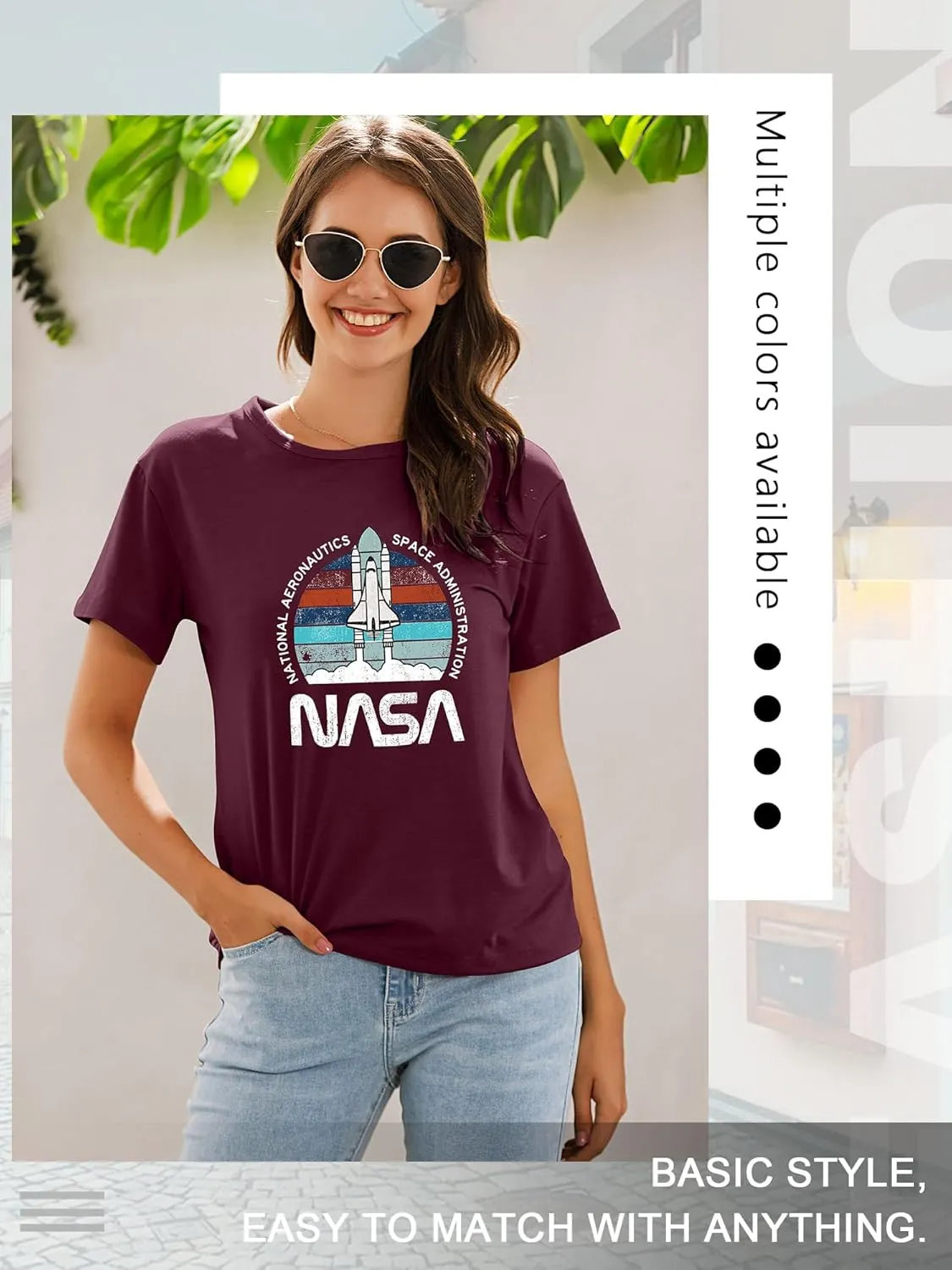 Ezcosplay Women Cute NASA Shirt Vintage Space Shuttle Graphic T-Shirt Short Sleeve Tee Tops