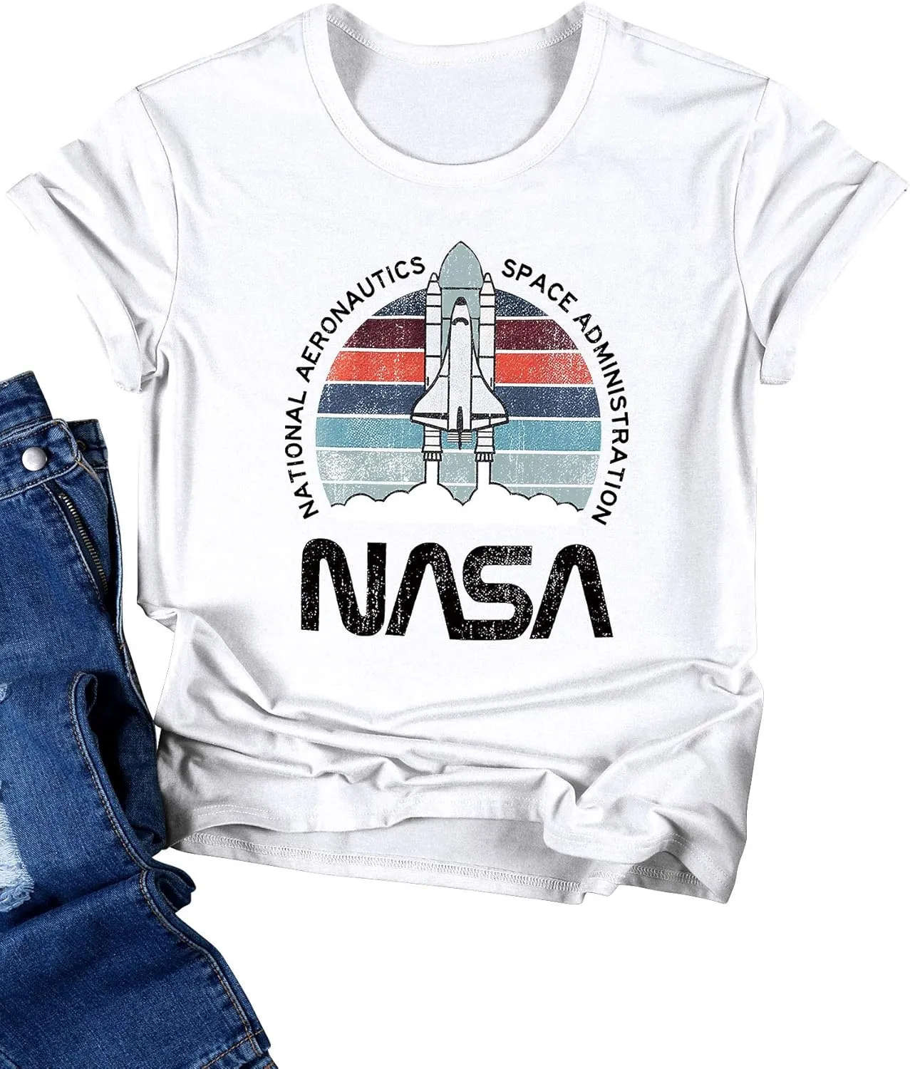 Ezcosplay Women Cute NASA Shirt Vintage Space Shuttle Graphic T-Shirt Short Sleeve Tee Tops