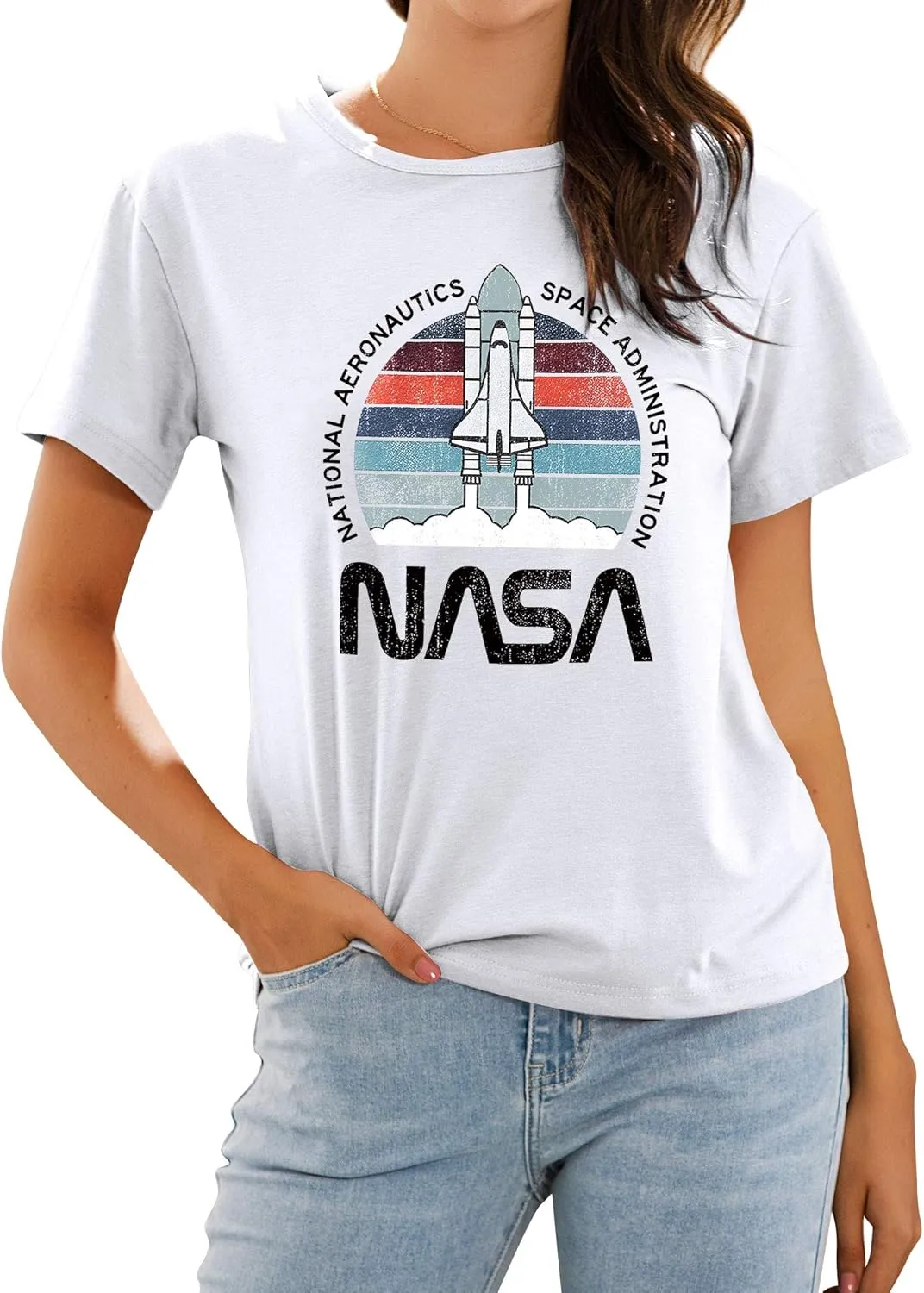 Ezcosplay Women Cute NASA Shirt Vintage Space Shuttle Graphic T-Shirt Short Sleeve Tee Tops