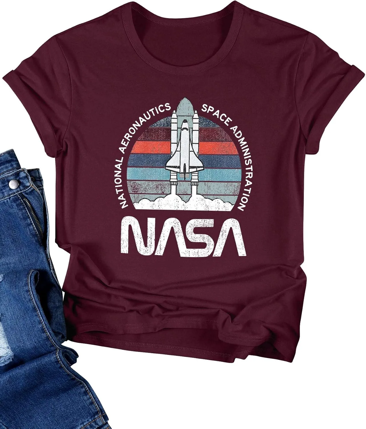 Ezcosplay Women Cute NASA Shirt Vintage Space Shuttle Graphic T-Shirt Short Sleeve Tee Tops