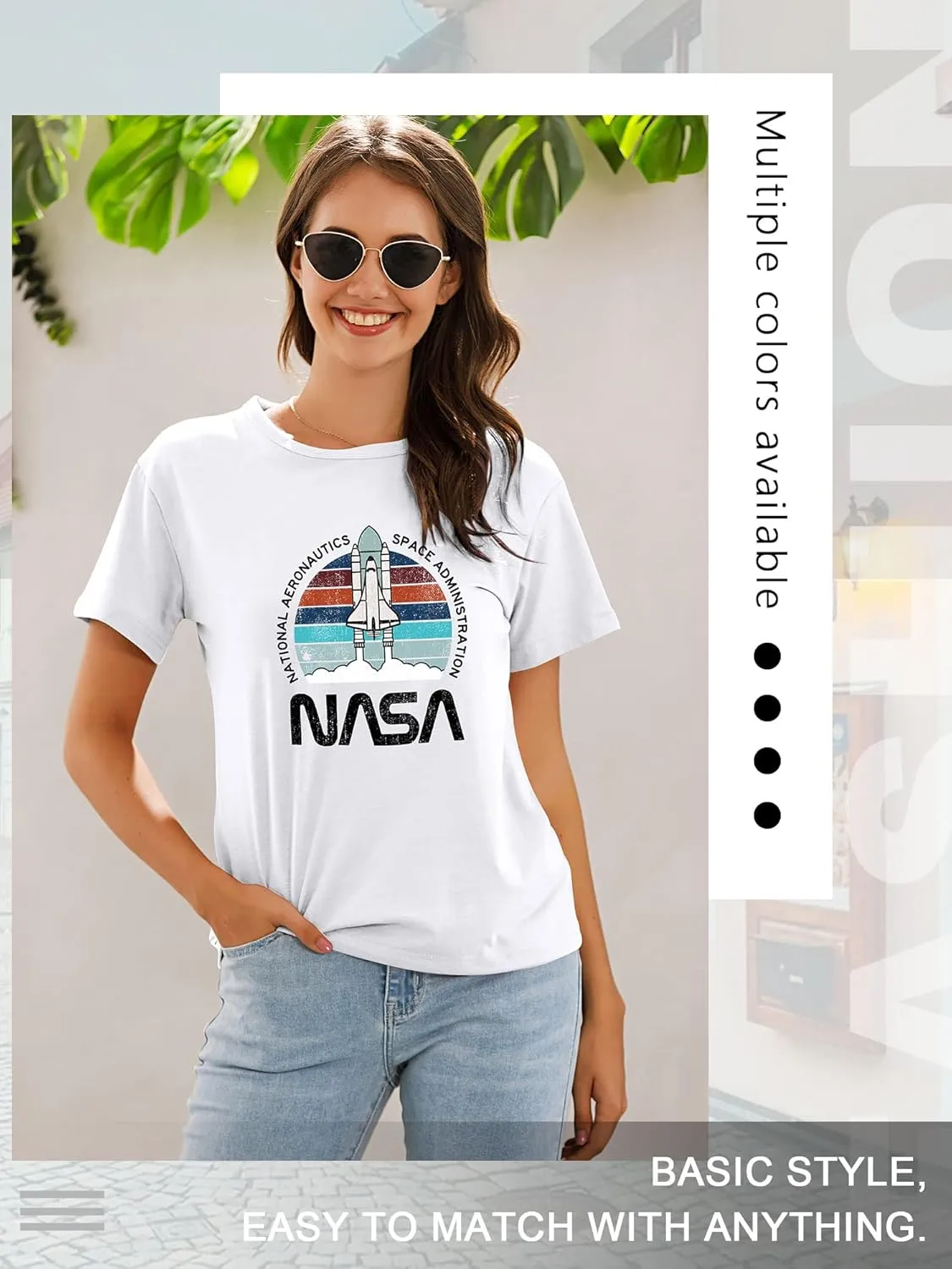Ezcosplay Women Cute NASA Shirt Vintage Space Shuttle Graphic T-Shirt Short Sleeve Tee Tops