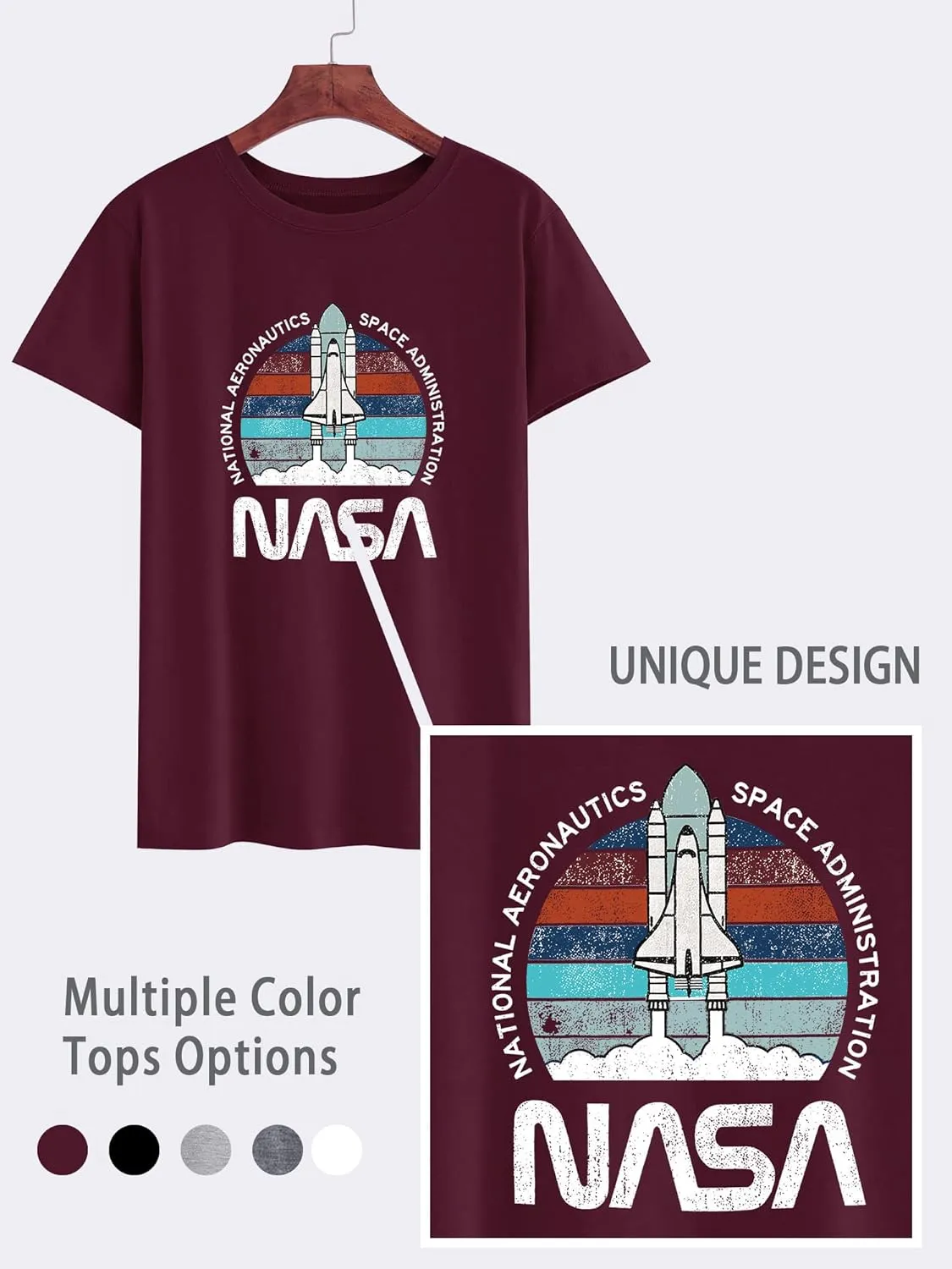 Ezcosplay Women Cute NASA Shirt Vintage Space Shuttle Graphic T-Shirt Short Sleeve Tee Tops
