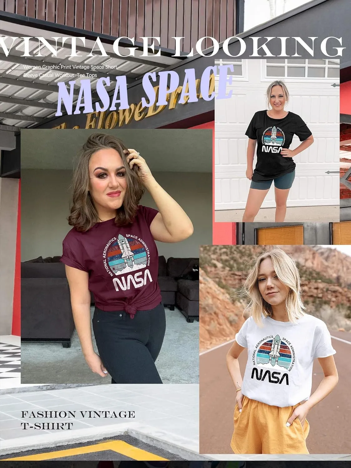 Ezcosplay Women Cute NASA Shirt Vintage Space Shuttle Graphic T-Shirt Short Sleeve Tee Tops