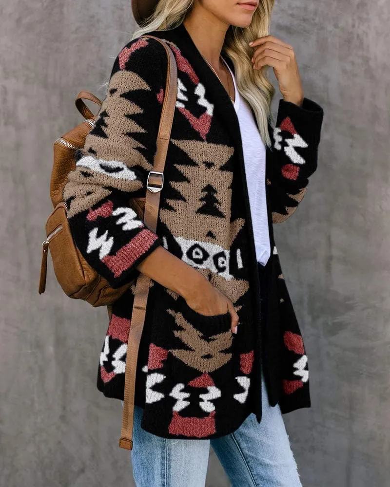 FERBIA Women Boho Cardigan Aztec Open Front Loose Slouchy Sweaters Tribal Long Sleeve Knitted Christmas Jacket Coat