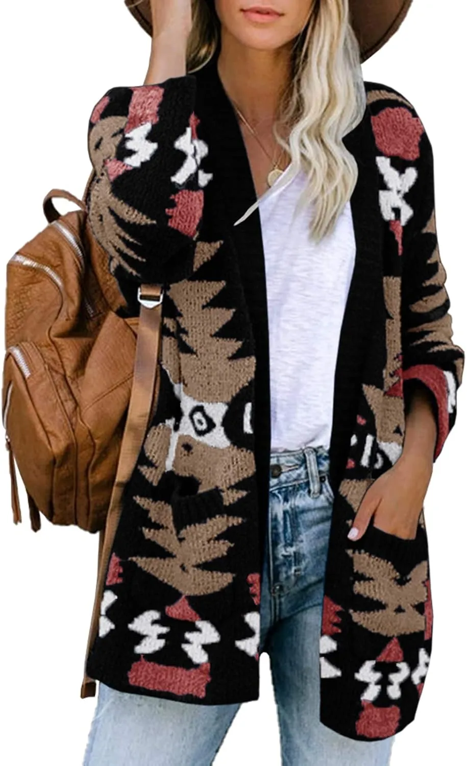 FERBIA Women Boho Cardigan Aztec Open Front Loose Slouchy Sweaters Tribal Long Sleeve Knitted Christmas Jacket Coat