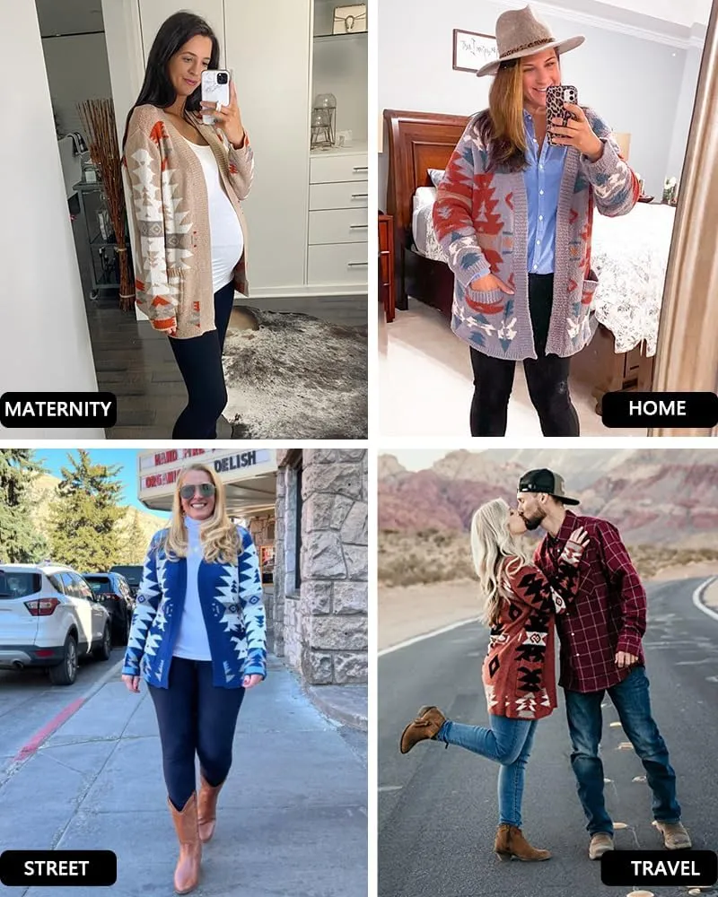 FERBIA Women Boho Cardigan Aztec Open Front Loose Slouchy Sweaters Tribal Long Sleeve Knitted Christmas Jacket Coat