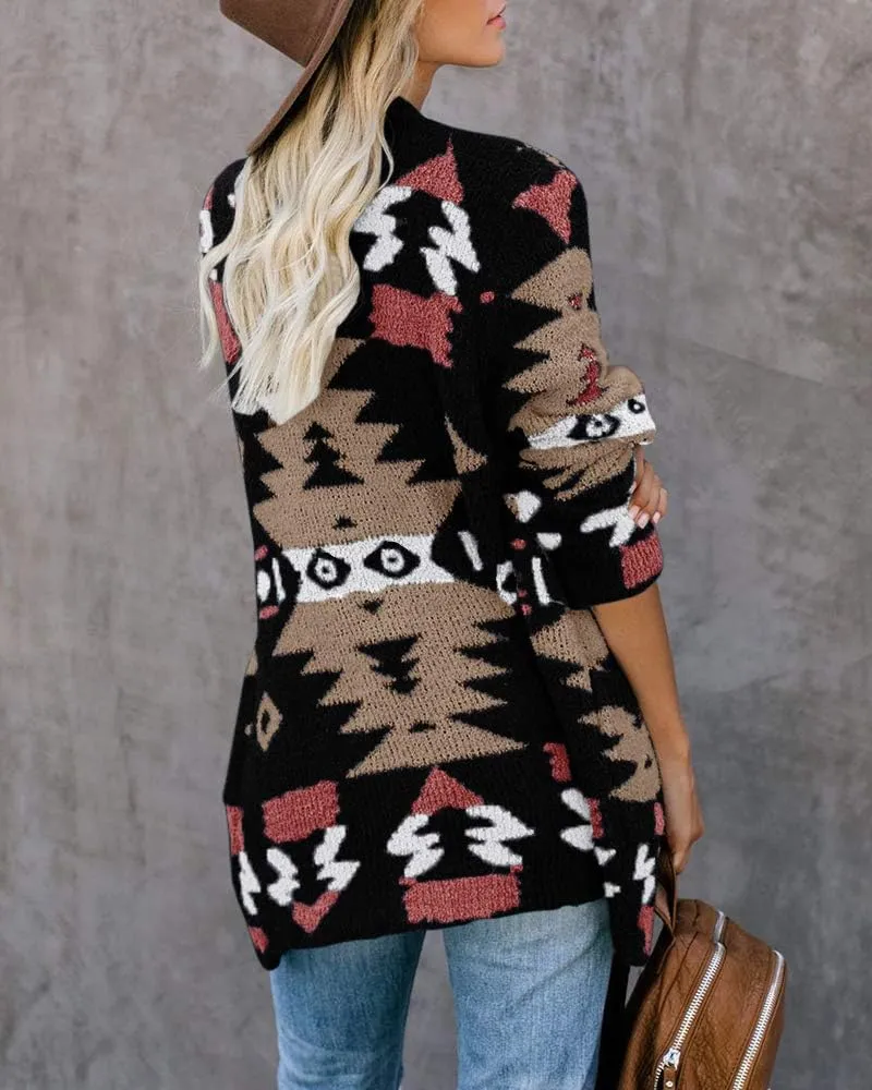 FERBIA Women Boho Cardigan Aztec Open Front Loose Slouchy Sweaters Tribal Long Sleeve Knitted Christmas Jacket Coat