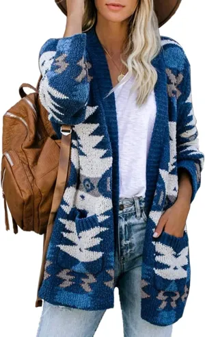 FERBIA Women Boho Cardigan Aztec Open Front Loose Slouchy Sweaters Tribal Long Sleeve Knitted Christmas Jacket Coat