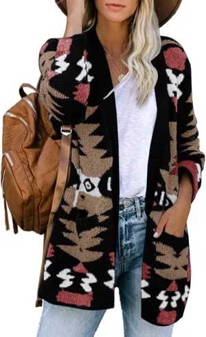 FERBIA Women Boho Cardigan Aztec Open Front Loose Slouchy Sweaters Tribal Long Sleeve Knitted Christmas Jacket Coat