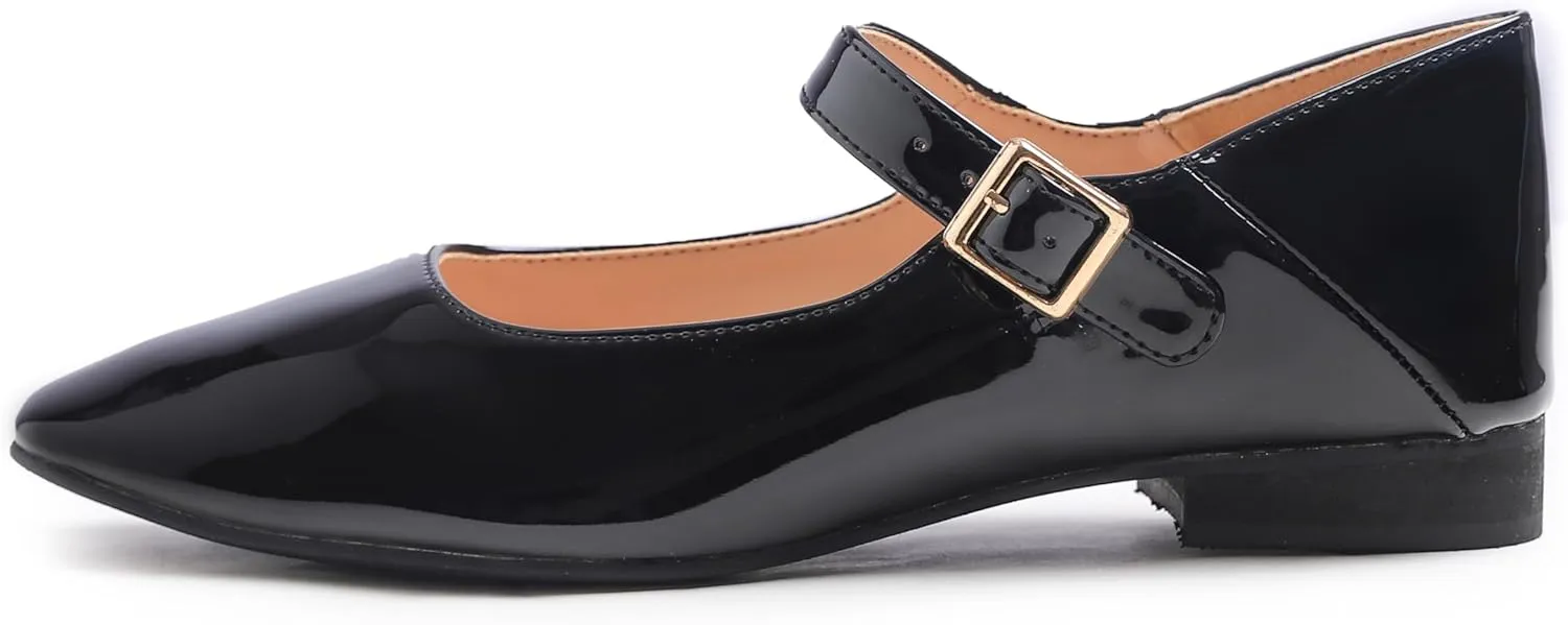 FEVERSOLE Women's Mary Jane Fashion Square Toe Easy Buckle Low Heel Slip On Flats