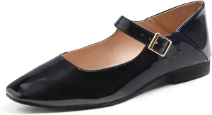 FEVERSOLE Women's Mary Jane Fashion Square Toe Easy Buckle Low Heel Slip On Flats