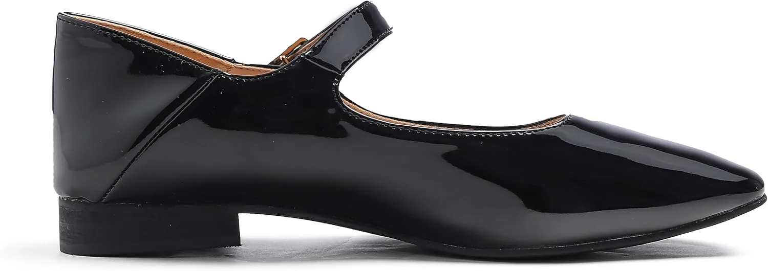 FEVERSOLE Women's Mary Jane Fashion Square Toe Easy Buckle Low Heel Slip On Flats