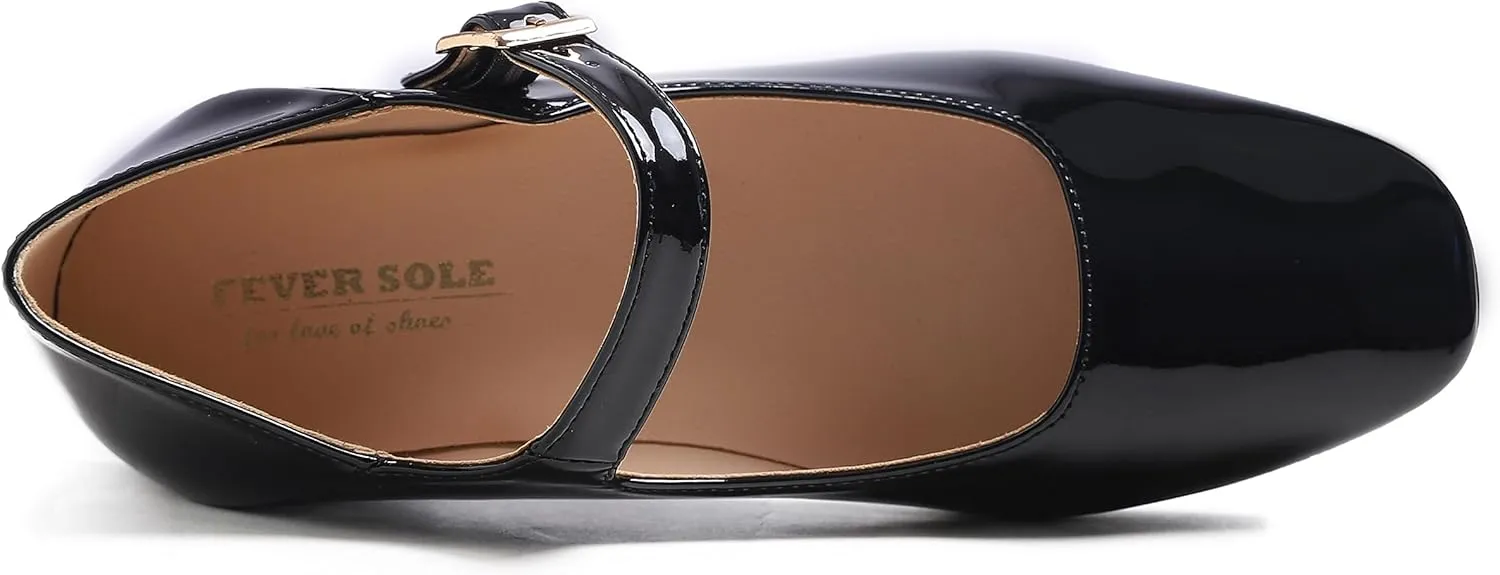 FEVERSOLE Women's Mary Jane Fashion Square Toe Easy Buckle Low Heel Slip On Flats