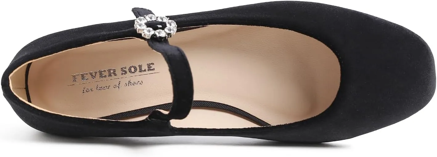 FEVERSOLE Women's Mary Jane Fashion Square Toe Easy Buckle Slip On Flats