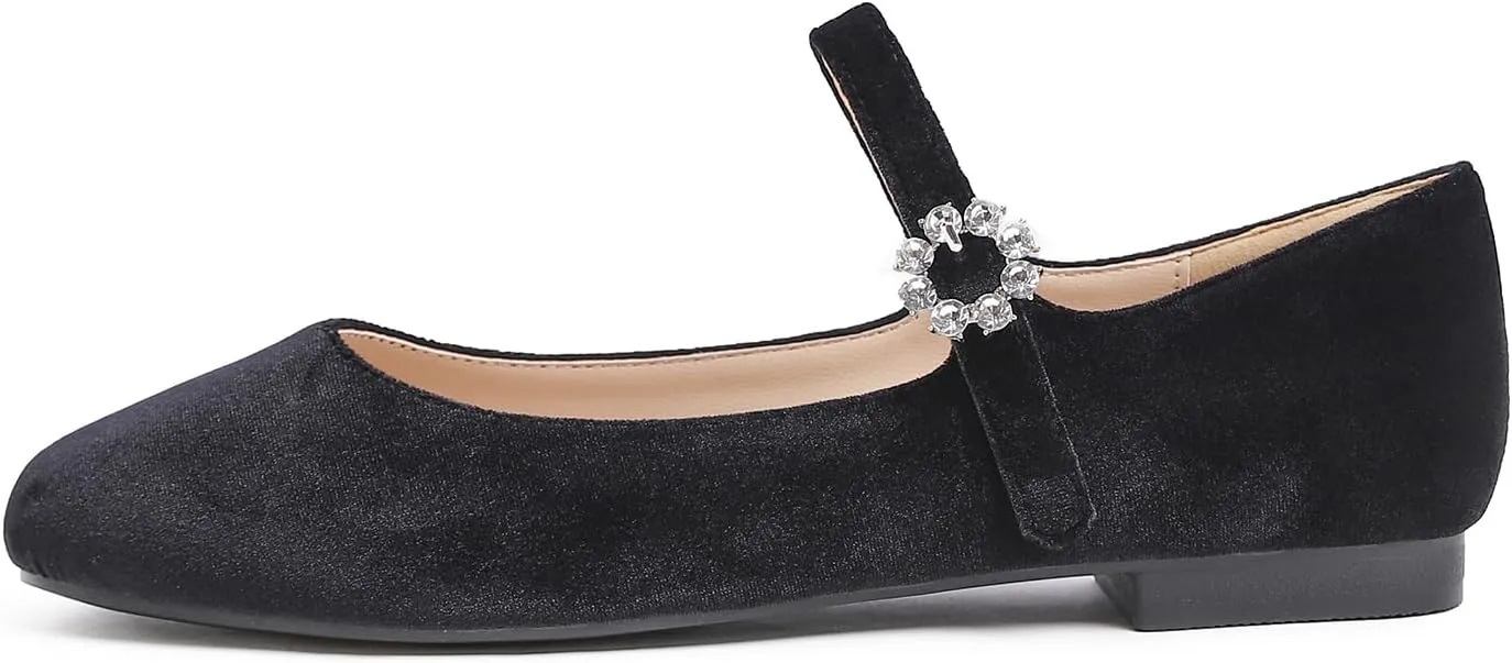 FEVERSOLE Women's Mary Jane Fashion Square Toe Easy Buckle Slip On Flats