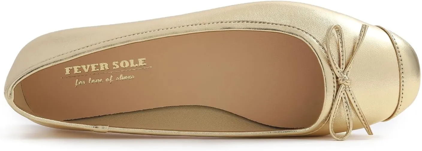 FEVERSOLE Women's Square Toe Fashion Bow Tie Dress Slip On Ballet Flats