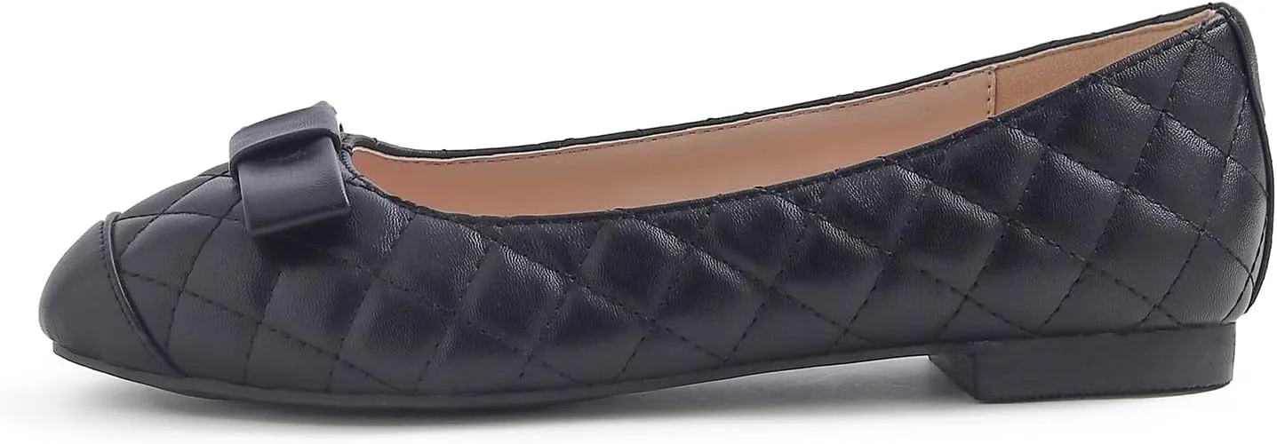 FEVERSOLE Women's Square Toe Fashion Bow Tie Dress Slip On Ballet Flats