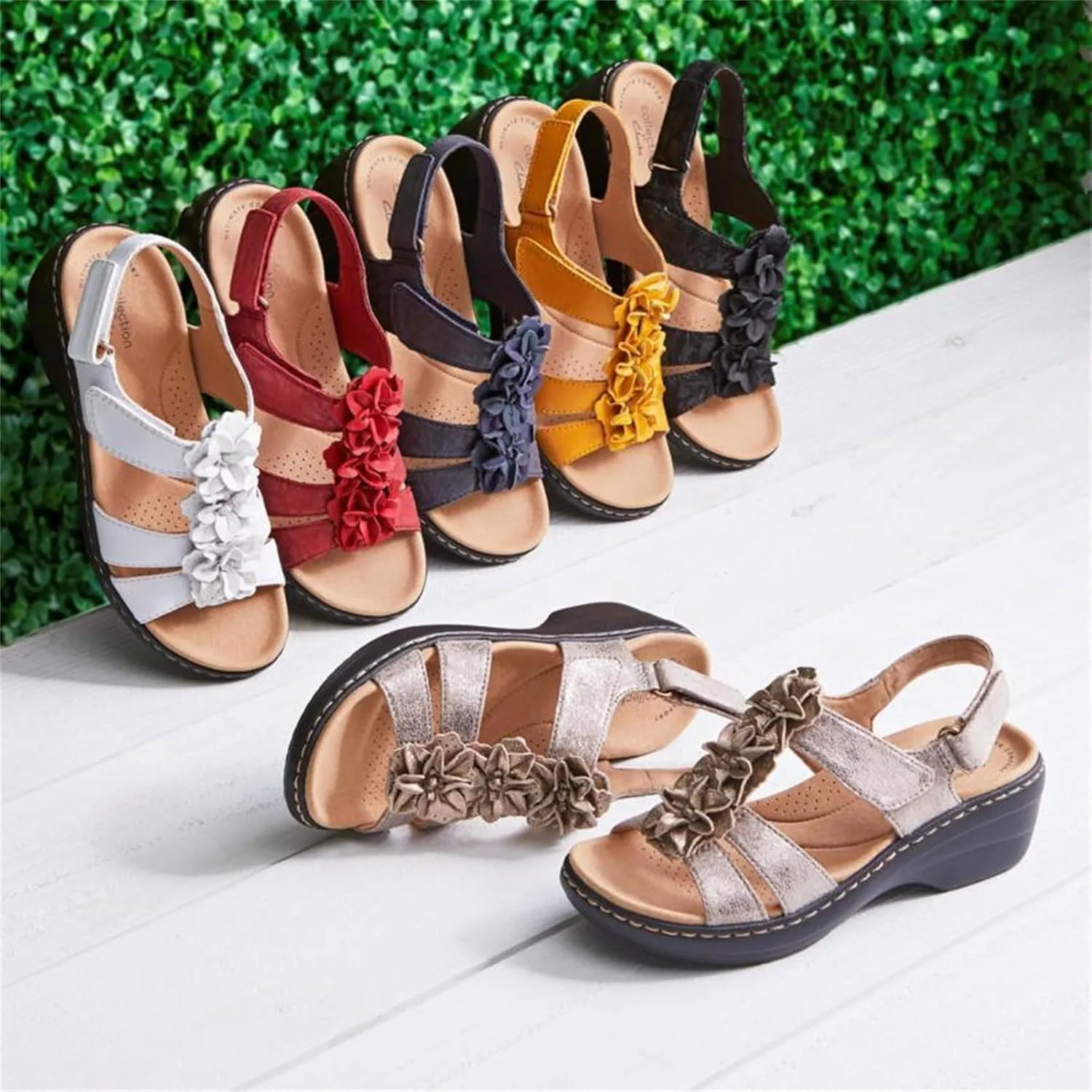 FFMA Women's Flower Sandals Summer Walking Sandals Leather Flower Vintage Casual Soft Footbed Orthopedic Arch-Support Sandals