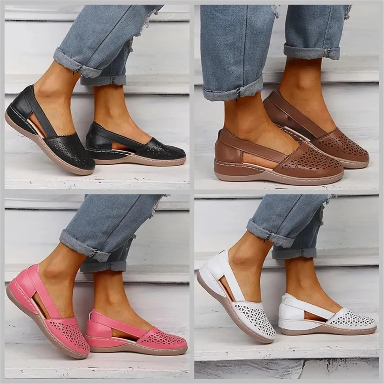 FFMA Women's Wedges Orthopedic Hollow Out Summer Sandals Hollow Carved Sandals Vintage Slip on Sandals Closed Toe Round Toe Hollowed Out Breathable Beach Sandals